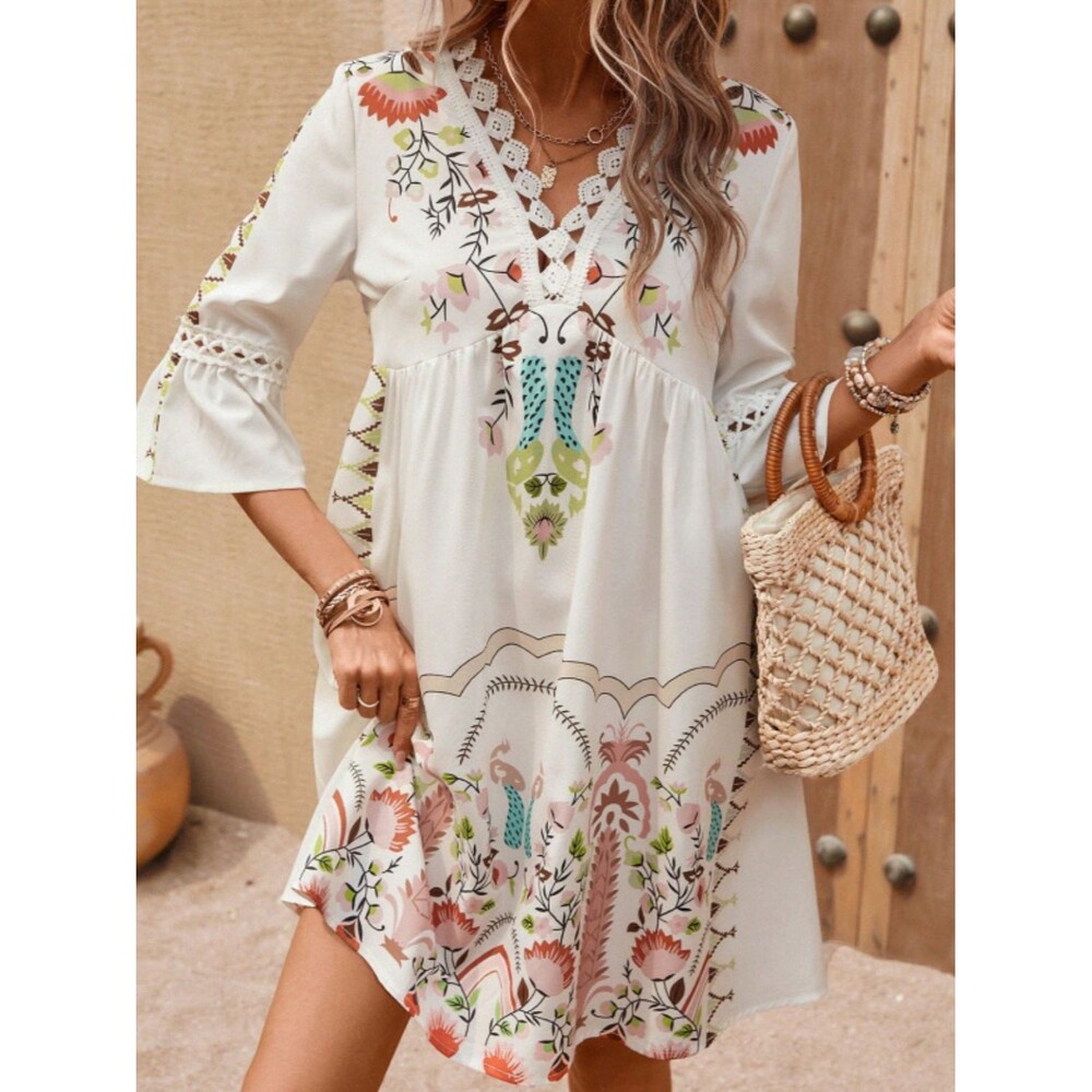 New Boho Lace Floral Printed Three-Quarter Sleeve Dress